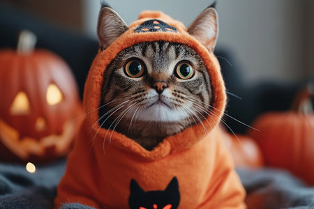 A cute cat in a Halloween costume in the studio on a dark background. The cat depicts a witch with pumpkins on Halloween.の素材