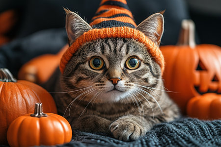 A cute cat in a Halloween costume in the studio on a dark background. The cat depicts a witch with pumpkins on Halloween.の素材
