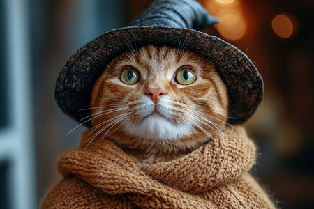 Portrait of a dressed up funny cat in a yellow knitted hat and scarf is looking up. An autumn cat in a cozy atmosphere.の素材