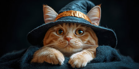 Portrait of a dressed up funny cat in a yellow knitted hat and scarf is looking up. An autumn cat in a cozy atmosphere.の素材