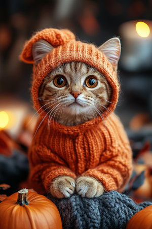 Portrait of a dressed up funny cat in a yellow knitted hat and scarf is looking up. An autumn cat in a cozy atmosphere.の素材