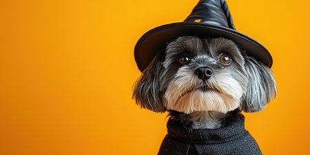 Portrait happy smiling puppy dog celebrating Halloween, carnival or new year's eve. Isolated on orange background. The dog represents a witch or wizard on Halloween.の素材
