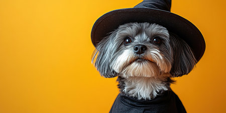 Portrait happy smiling puppy dog celebrating Halloween, carnival or new year's eve. Isolated on orange background. The dog represents a witch or wizard on Halloween.の素材