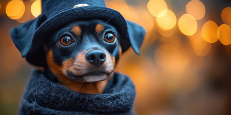 Portrait happy smiling puppy dog celebrating Halloween, carnival or new year's eve. Isolated on orange background. The dog represents a witch or wizard on Halloween.の素材