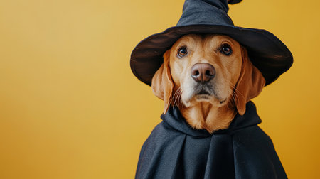 Portrait happy smiling puppy dog celebrating Halloween, carnival or new year's eve. Isolated on orange background. The dog represents a witch or wizard on Halloween.の素材