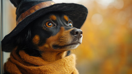 Portrait happy smiling puppy dog celebrating Halloween, carnival or new year's eve. Isolated on orange background. The dog represents a witch or wizard on Halloween.の素材