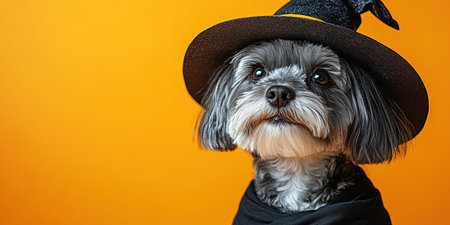 Portrait happy smiling puppy dog celebrating Halloween, carnival or new year's eve. Isolated on orange background. The dog represents a witch or wizard on Halloween.の素材