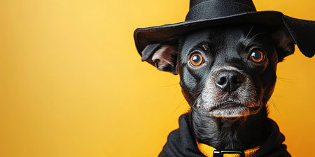 Portrait happy smiling puppy dog celebrating Halloween, carnival or new year's eve. Isolated on orange background. The dog represents a witch or wizard on Halloween.の素材