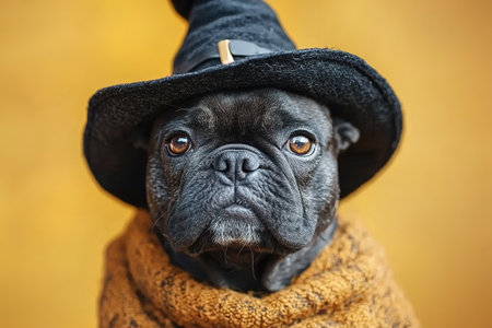 Portrait happy smiling puppy dog celebrating Halloween, carnival or new year's eve. Isolated on orange background. The dog represents a witch or wizard on Halloween.の素材