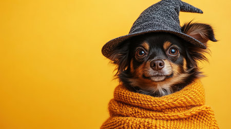 Portrait happy smiling puppy dog celebrating Halloween, carnival or new year's eve. Isolated on orange background. The dog represents a witch or wizard on Halloween.の素材