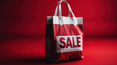 Black Friday, red kraft shopping bag with inscription Sale on red background. Black friday sale, discount, recycling, shopping and ecology concept. With copy space.の素材