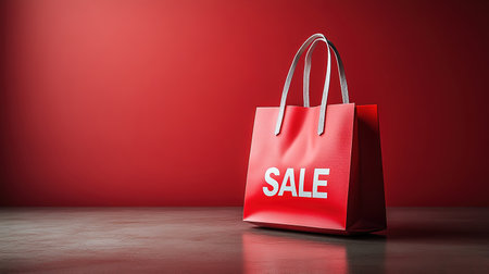 Black Friday, red kraft shopping bag with inscription Sale on red background. Black friday sale, discount, recycling, shopping and ecology concept. With copy space.の素材