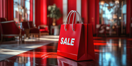 Black Friday, red kraft shopping bag with inscription Sale on red background. Black friday sale, discount, recycling, shopping and ecology concept. With copy space.の素材
