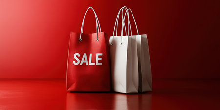 Black Friday, red kraft shopping bag with inscription Sale on red background. Black friday sale, discount, recycling, shopping and ecology concept. With copy space.の素材