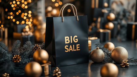 Black Friday, black and gold kraft shopping bag with inscription Big Sale on dark background. Black friday sale, discount, recycling, shopping and ecology concept. With copy space.の素材