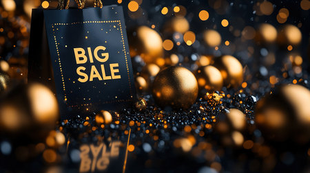 Black Friday, black and gold kraft shopping bag with inscription Big Sale on dark background. Black friday sale, discount, recycling, shopping and ecology concept. With copy space.の素材