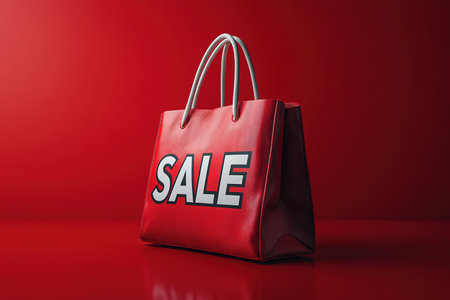 Black Friday, red kraft shopping bag with inscription Sale on red background. Black friday sale, discount, recycling, shopping and ecology concept. With copy space.の素材