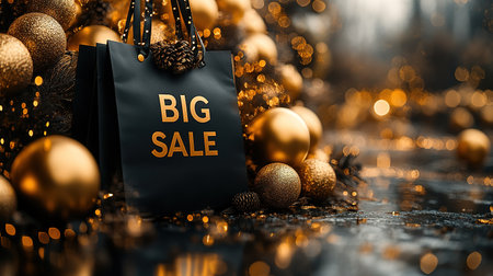 Black Friday, black and gold kraft shopping bag with inscription Big Sale on dark background. Black friday sale, discount, recycling, shopping and ecology concept. With copy space.の素材