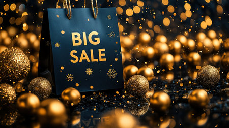 Black Friday, black and gold kraft shopping bag with inscription Big Sale on dark background. Black friday sale, discount, recycling, shopping and ecology concept. With copy space.の素材