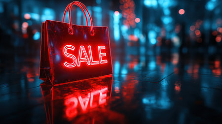 Hot sale. Red shopping bags in air on blue gradient background, space for text. Black Friday, red kraft shopping bag with inscription Sale on blue background. With copy space.の素材