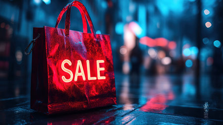 Hot sale. Red shopping bags in air on blue gradient background, space for text. Black Friday, red kraft shopping bag with inscription Sale on blue background. With copy space.の素材