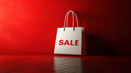 Black Friday, red kraft shopping bag with inscription Sale on red background. Black friday sale, discount, recycling, shopping and ecology concept. With copy space.の素材