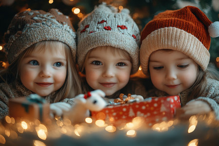 Happy children open Christmas gifts given by Santa Claus at the decorated Christmas tree.の素材