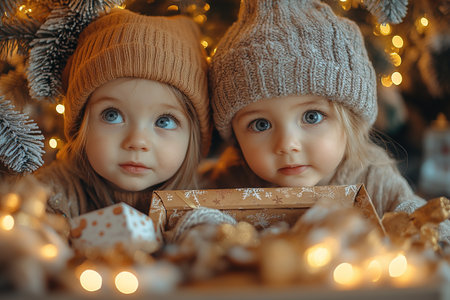 Happy children open Christmas gifts given by Santa Claus at the decorated Christmas tree.の素材