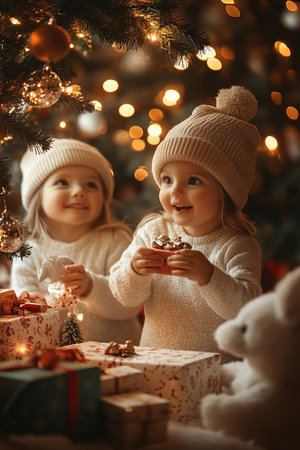 Happy children open Christmas gifts given by Santa Claus at the decorated Christmas tree.の素材
