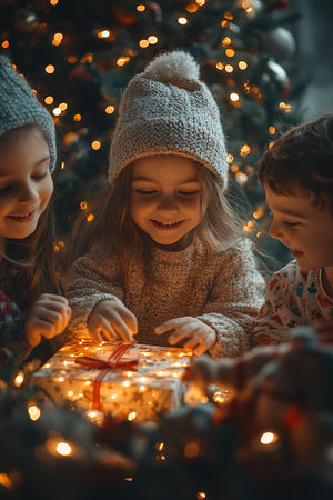 Happy children open Christmas gifts given by Santa Claus at the decorated Christmas tree.の素材