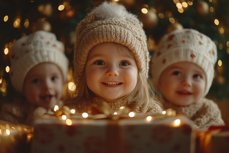 Happy children open Christmas gifts given by Santa Claus at the decorated Christmas tree.の素材