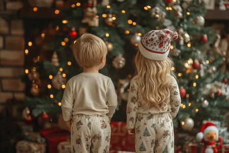 Happy children open Christmas gifts given by Santa Claus at the decorated Christmas tree.の素材