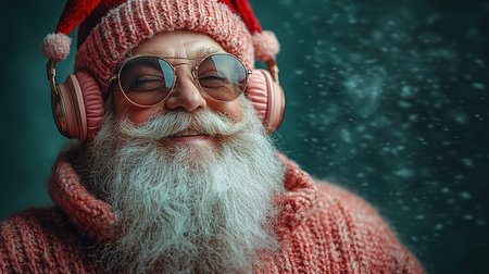 Cool and cheerful Santa Claus sings and dances on a bright background in sunglasses and headphones.の素材