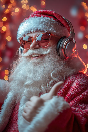 Cool and cheerful Santa Claus sings and dances on a bright background in sunglasses and headphones.の素材