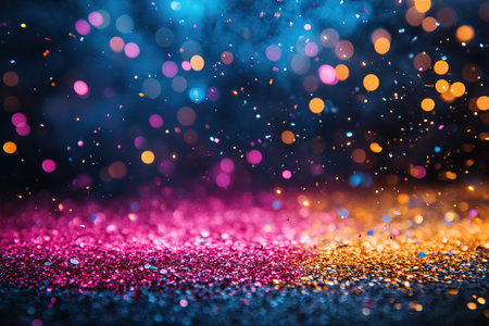 Gold and dark blue Fireworks and bokeh in New Year eve and copy space. Abstract background holiday.の素材