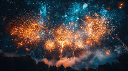 A bright fireworks display over a large winter city at a New Year or Christmas celebration.の素材