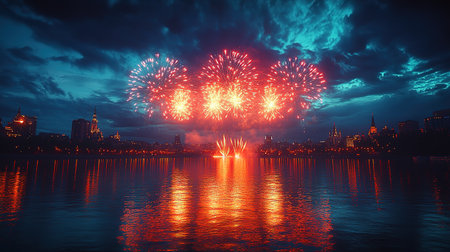 A bright fireworks display over a large winter city at a New Year or Christmas celebration.の素材