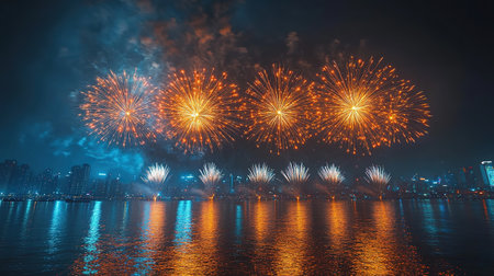 A bright fireworks display over a large winter city at a New Year or Christmas celebration.の素材