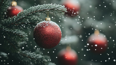 Beautiful festive decorations on the Christmas tree. Close-up. Beautiful Christmas background. The concept of decorations and decor for the new year. New Year's Card 2025の素材