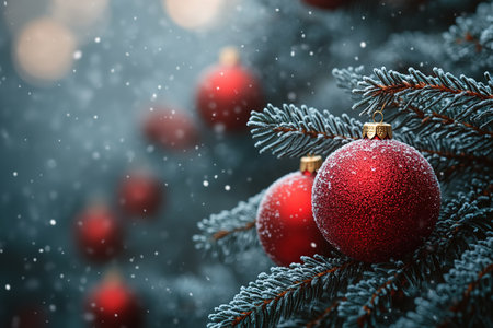 Beautiful festive decorations on the Christmas tree. Close-up. Beautiful Christmas background. The concept of decorations and decor for the new year. New Year's Card 2025の素材