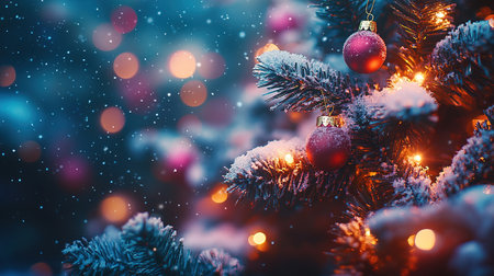 Beautiful festive decorations on the Christmas tree. Close-up. Beautiful Christmas background. The concept of decorations and decor for the new year. New Year's Card 2025の素材