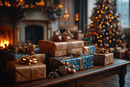 Festive Radiance: Glistening Tree Adornments and Luxurious Gifts Wrapped in Red and Gold.の素材