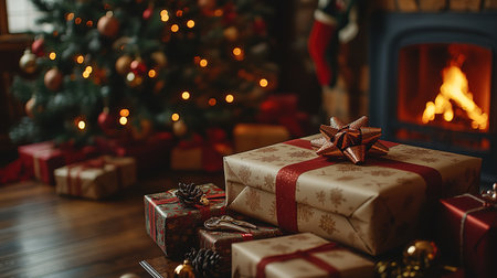 Festive Radiance: Glistening Tree Adornments and Luxurious Gifts Wrapped in Red and Gold.の素材