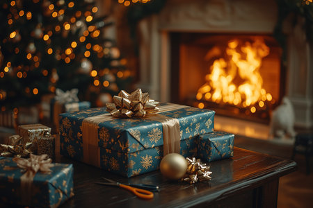 Festive Radiance: Glistening Tree Adornments and Luxurious Gifts Wrapped in Red and Gold.の素材