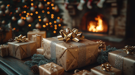 Festive Radiance: Glistening Tree Adornments and Luxurious Gifts Wrapped in Red and Gold.の素材