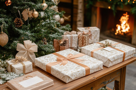 Festive Radiance: Glistening Tree Adornments and Luxurious Gifts Wrapped in Red and Gold.の素材