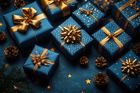 Shining Holiday Magic: Overhead photo of twinkling wrapped gifts, ornaments, evergreen twigs with frost accents on luxurious blue background, with unoccupied spot for your festive greeting or advertの素材