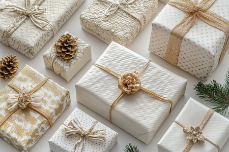 Christmas composition. Christmas gift, knitted blanket, pine cones, fir branches on wooden white background. Flat lay, top view, copy spaceの素材
