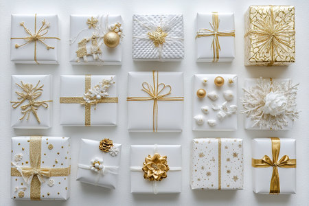 Christmas composition. Christmas gift, knitted blanket, pine cones, fir branches on wooden white background. Flat lay, top view, copy spaceの素材