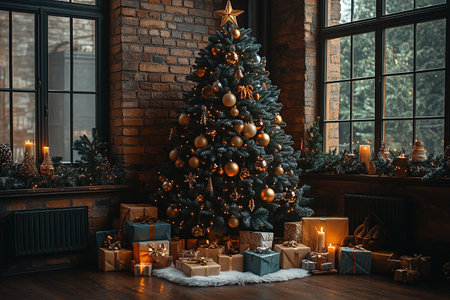 Christmas Room Interior Design, Xmas Tree Decorated By Lights Presents Gifts Toys, Candles And Garland Lighting Indoors Fireplaceの素材